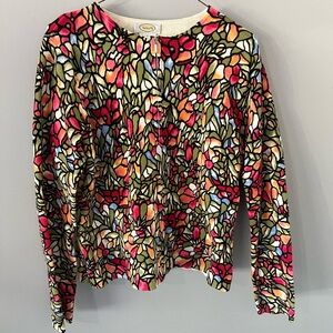 Vintage 90s Talbots Colorful Mosaic Floral Cardigan Zip Sweater 100% Cotton L